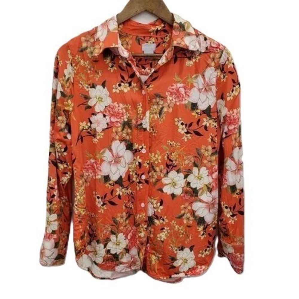 Chico's Orange Floral Button Front Blouse Long Sleeve Size 1 (8/10) Boho Style
